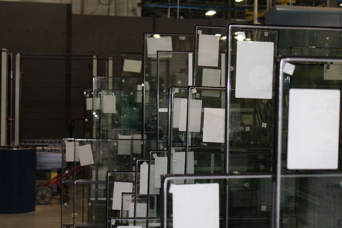 photo of insulated glass products in a warehouse